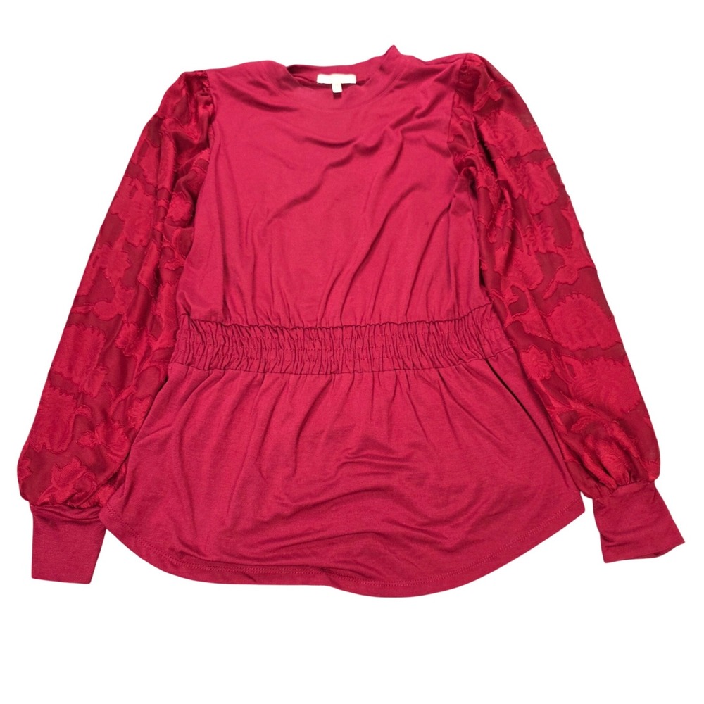 Maurices Peplum Blouse Womens Sise S Burgundy Red Burnout‎ Floral Mesh Sleeve